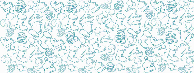 Winter holidays mood pattern and banner, skates, boots, coffee, hats and other winter stuff for skating, illustration for cold time open air activity with space for text or design