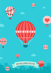 Aerostat (air balloon) poster in the sky flat illustration.