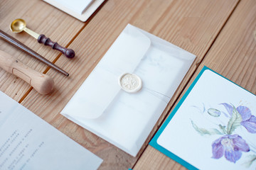 Wedding calligraphy and decor. Wedding invitations, envelope,lace cards