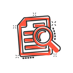 Scrutiny document plan icon in comic style. Review statement vector cartoon illustration pictogram. Document with magnifier loupe business concept splash effect.