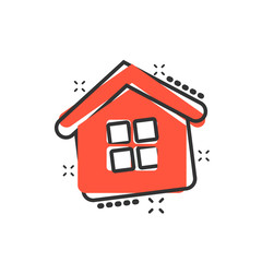 House building icon in comic style. Home apartment vector cartoon illustration pictogram. House dwelling business concept splash effect.