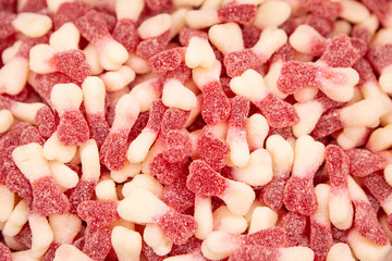 Red And Yellow Jelly Strawberries. Top View. Background Candies Close-up.