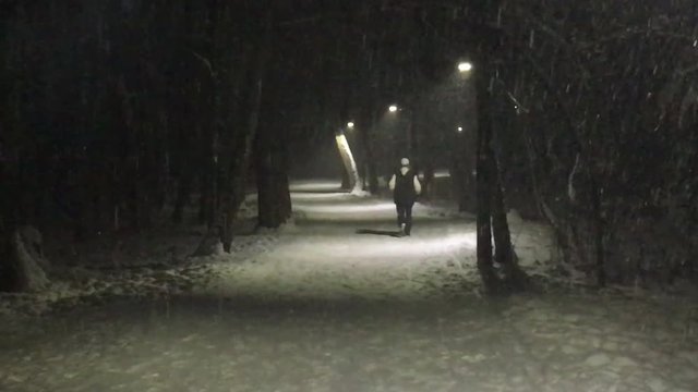 A man jogging under the falling snow and in the light of street lamps