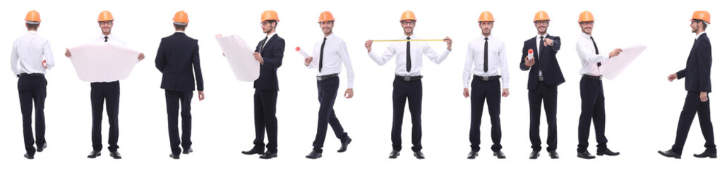 panoramic photo collage of confident architect isolated on white