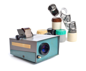 Vintage slide projector is an opto-mechanical device for showing photographic slides. Isolated on...