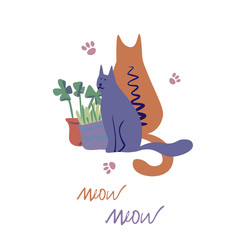 Vector concept  with cute cats in soft colors on a white background, great for polygraphy or textile design.Flat,hand drawn