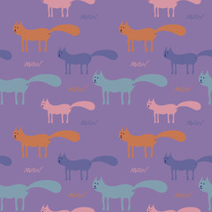 Vector seamless pattern with cute cats in soft colors on a purple  background, great for polygraphy or textile design.Flat,hand drawn