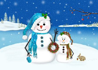 Winter graphic illustration of female snowman in blue hat and scarf with child next to her wearing Christmas plaid hat and scarf carrying berry wreath. 