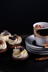 Chocolate, tasty and sweet cupcake with vanilla cream and condensed milk inside. Minimal food bakery concept.