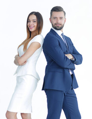 Portrait of business people back to back against white backgroun