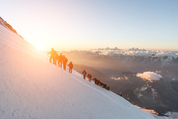Elbrus, a group of climbers at dawn at an altitude of 5200m