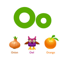 Cute children ABC animal alphabet flashcard words with the letter O for kids learning English vocabulary.
