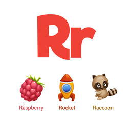 Cute children ABC animal alphabet flashcard words with the letter R for kids learning English vocabulary.