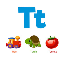 Cute children ABC animal alphabet flashcard words with the letter T for kids learning English vocabulary.