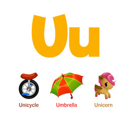 Cute children ABC animal alphabet flashcard words with the letter U for kids learning English vocabulary.