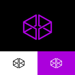 Violet box logo. Online, shop of gifts. Icon consist of thin lines.  Web, UI icon. Identity.