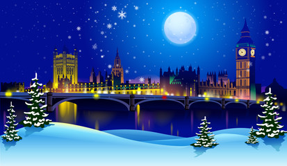 vector sunset and silhouette of London at night with stars and moon on the winter snowy background. London City Skyline. Image for banner or web site.