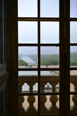 View from window towards garden of Versailles, France: Gardens of the Versailles Palace near Paris, France.