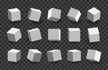 White 3D cubes pack isolated on transparent background. Different light, perspective and angle. Vector illustration