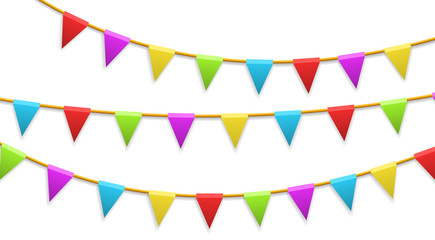 Obraz premium Colored garland flags isolated on white. Carnival, birthday, celebration, party, new year or festival concept. Vector illustration