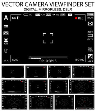 Camera focusing screen 13 in 1 pack - digital, mirorless, DSLR, cameraphone. Black viewfinders camera recording. 4K ready detailed templates. Vector illustration
