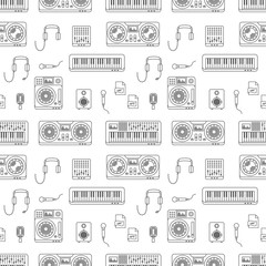 Music production equipment gray seamless pattern on white background