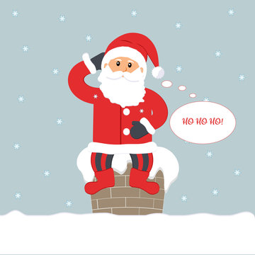 Christmas eve. Cute funny Santa Claus sitting on the chimney thinking and saying `Ho ho ho!` Snowflakes on a blue background. For websites, press, cards and leaflets.Vector illustration