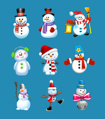 Set of winter holidays snowman. Cheerful snowmen in different costumes. Snowman chef, magician, snowman with candy and gifts. Vintage Christmas poster design with snowman, reindeer characters.