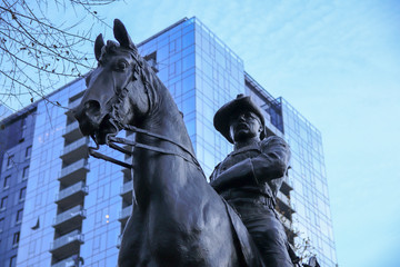 Portland, OR. December 2018. Theodore Roosevelt Statue in downtown. - obrazy, fototapety, plakaty