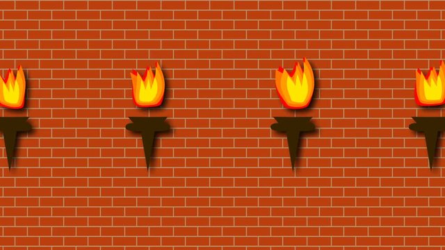 Brick red wall with burning bright torches in cartoon style, 3d rendering background, computer generated