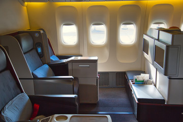 Modern airplane interiors, first class seats