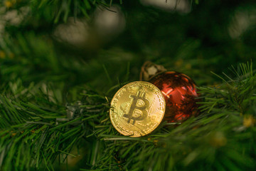 Bitcoin and christmas, new year gold bitcoin. Cryptocurrency bitcoin on a Christmas tree