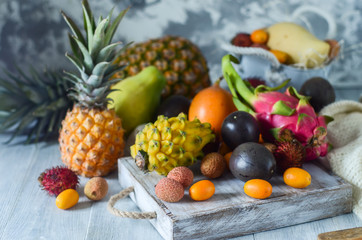 Exotic fruits variety still life.