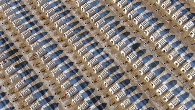 Aerial view of community of calf hutches, the little plastic huts that baby cows live in.