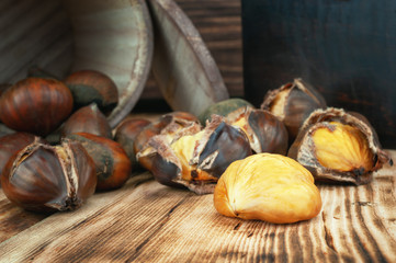 Roasted chestnut on wooden table