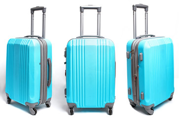 Blue plastic luggage handbag in three angles