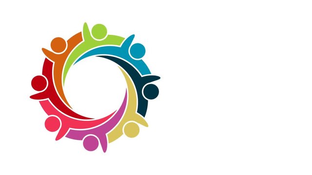 People logo. Group teamwork symbol of eight persons  in a circle.4K resolution motion graphic