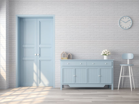 Vintage living room 3d render,There are white brick pattern wall,wood floor,blue pastel color door and cabinet,The room has sunlight shining to the wall.