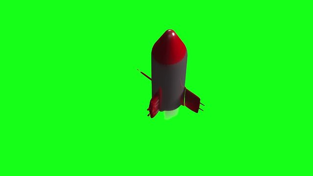 Cartoon rocket flying. 3D animation on green background