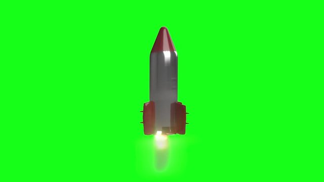 Cartoon rocket flying. 3D animation on green background