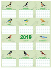 2019 english calendar with common european birds