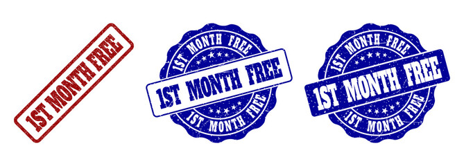 1ST MONTH FREE scratched stamp seals in red and blue colors. Vector 1ST MONTH FREE labels with grainy texture. Graphic elements are rounded rectangles, rosettes, circles and text labels.