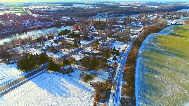Scenic small town America, Wrightstown Wisconsin in Winter, aerial view.