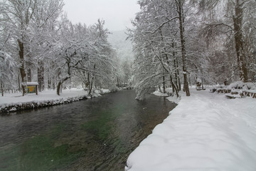 Vrelo Bosne under snow, Sarajevo, Bosnia and Herzegovina