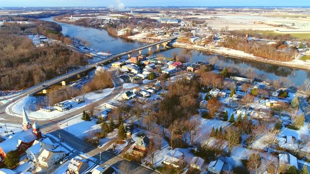 Scenic small town America, Wrightstown Wisconsin in Winter, aerial view.