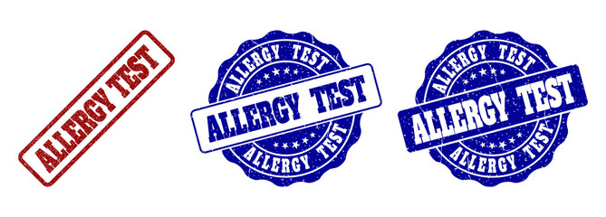 ALLERGY TEST grunge stamp seals in red and blue colors. Vector ALLERGY TEST labels with grainy texture. Graphic elements are rounded rectangles, rosettes, circles and text labels.