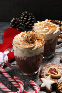 Hot chocolate cocoa with whipped cream for xmas on table
