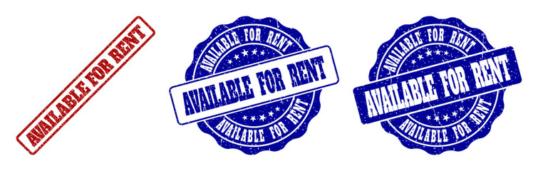 Fototapeta premium AVAILABLE FOR RENT grunge stamp seals in red and blue colors. Vector AVAILABLE FOR RENT signs with distress texture. Graphic elements are rounded rectangles, rosettes, circles and text tags.