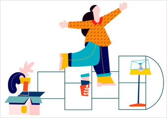Fototapeta premium Woman rents an apartment, trip, housing rent. Flat design vector illustration.