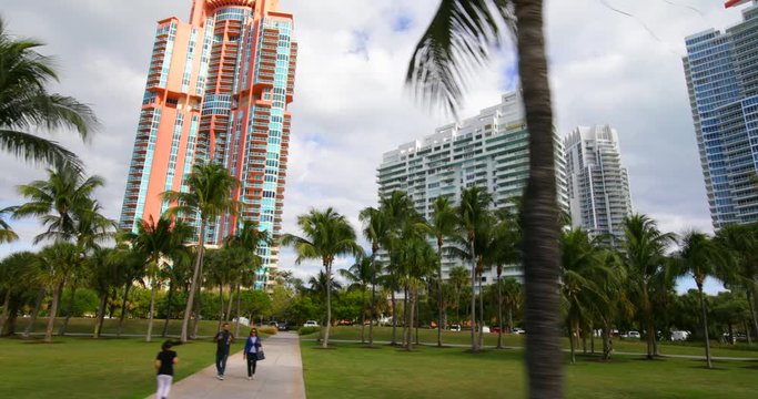 Gimbal ground shot Miami Beach South Pointe Park highrise condominiums 4k 24p prores